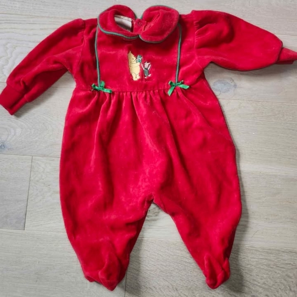Vintage Winnie The Pooh Red Holiday Christmas Romper Baby Girl 3-6 Months